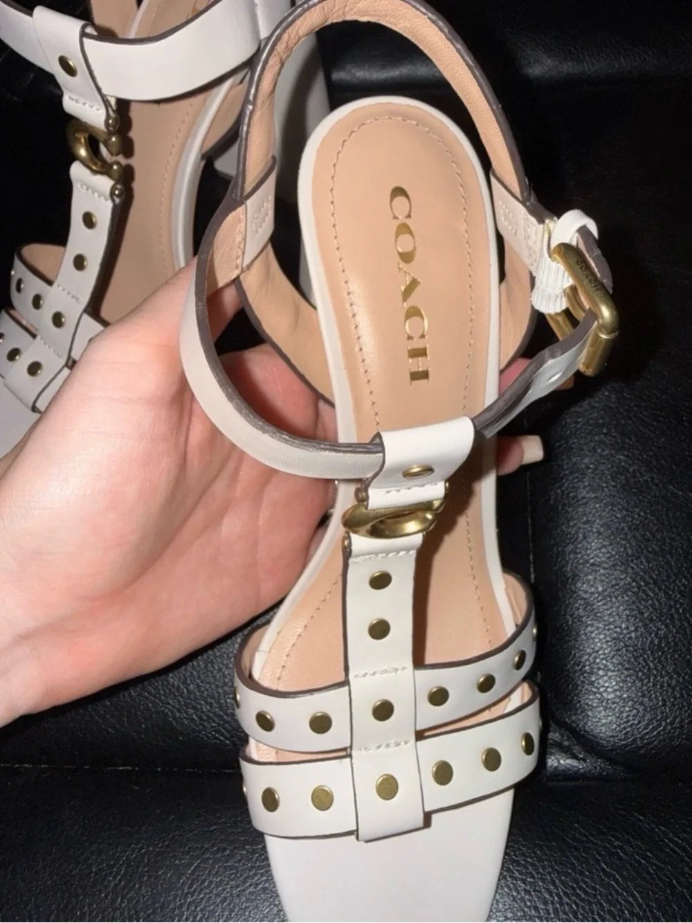 Coach White Studded T-Strap Block Heel Sandals